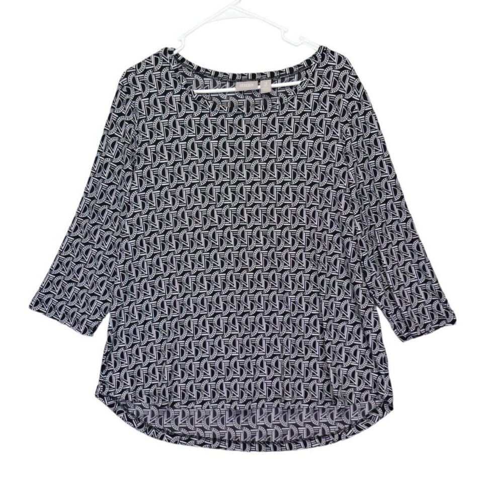 Chico's Size 3‎ (XL/16) Shirt Blouse Slinky 3/4 Sleeve Made in USA Black White